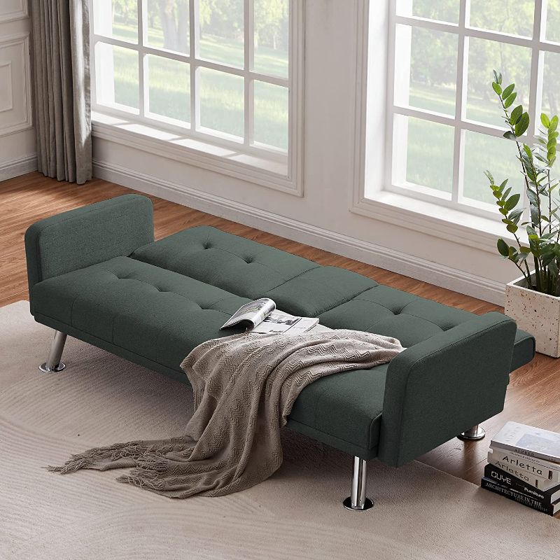 Photo 1 of (BROKEN MIDDLE ARMREST) Modern Sofa Bed, Sofa Bed with Adjustable Backrest, Convertible Folding Sofa Bed with Sturdy Metal Legs, with Armrest and Two Cup Holders for Living Room, Bedroom, Office, Dark Grey
