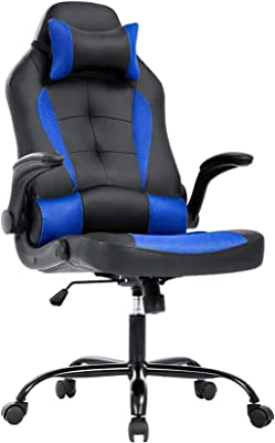 Photo 1 of (TORN MATERIAL; BROKEN ARMREST; MISSING MANUAL) Gaming Chair Office Chair Desk Chair with Lumbar Support Flip Up Arms Headrest PU Leather Swivel Rolling Adjustable High Back Racing Computer Chair for Women Men Adults,Blue
