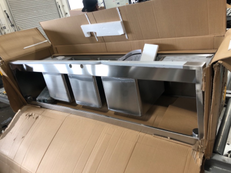 Photo 2 of (DENTED) DuraSteel 3 Compartment Stainless Steel Bar Sink with 10" L x 14" W x 10” D Bowl - Underbar Basin - NSF Certified - Double Drainboard