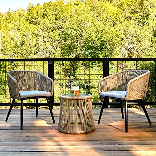Photo 1 of (TORN WICKER) EAST OAK Patio Furniture Set 3-Piece, Outdoor Conversation Set Handwoven Rattan Wicker Chairs with Waterproof Cushions, Tempered Glass Top Coffee Tabl
