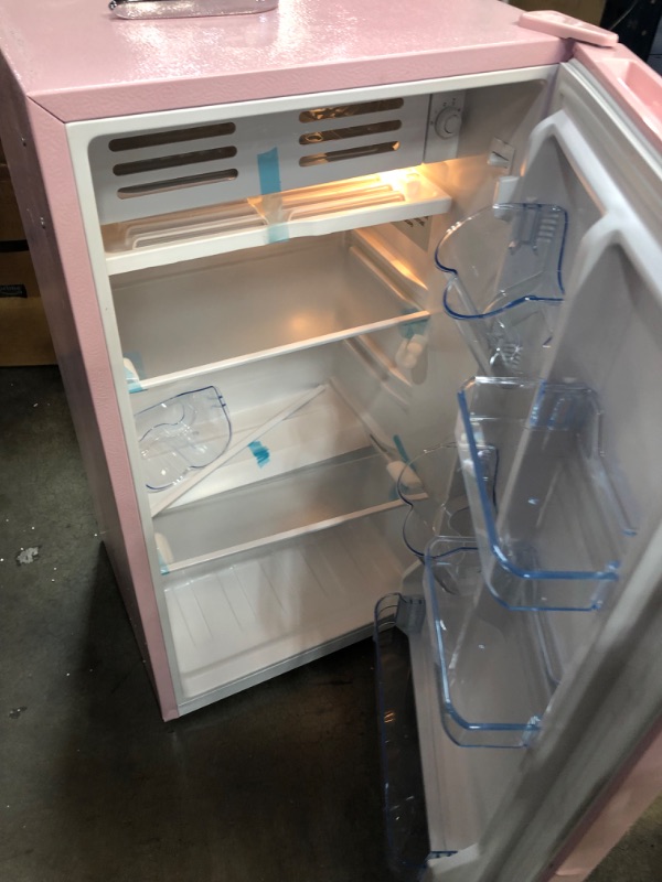 Photo 4 of (BROKEN PIPE; MULT. DENTS) FRIGIDAIRE EFR376 Retro Bar Fridge Refrigerator with Side Bottle Opener, 3.2 cu. Ft, Pink/Coral
