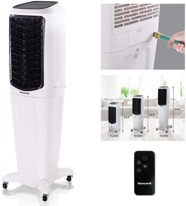 Photo 1 of Honeywell Indoor Evaporative Tower Air Cooler with Fan & Humidifier, Washable Dust Filter & Remote Control, TC50PEU, White 
