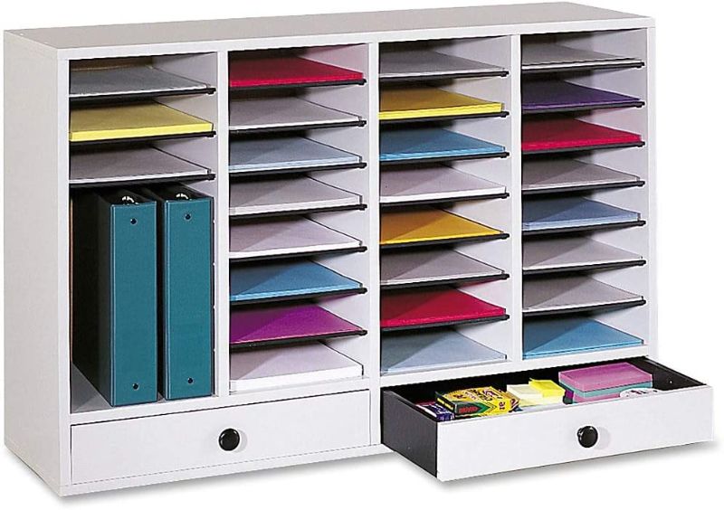 Photo 1 of Safco Products Wood Adjustable Literature Organizer, 32 Compartment with Drawers, 9494GR, Grey, Durable Construction, Removable Shelves, Stackable
