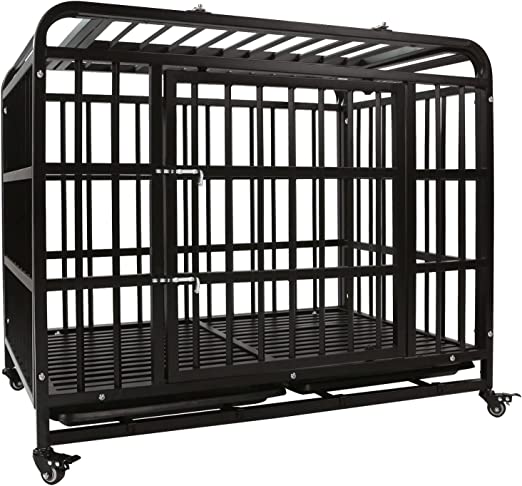 Photo 1 of AGESISI 46 Inch Heavy Duty Dog Crate - Indestructible Dog Crate for Large Dog Strong Metal Dog Kennel Training Dog Cage Easy to Assemble Pet Playpen with Wheels Double Doors Removable Tray, Black
