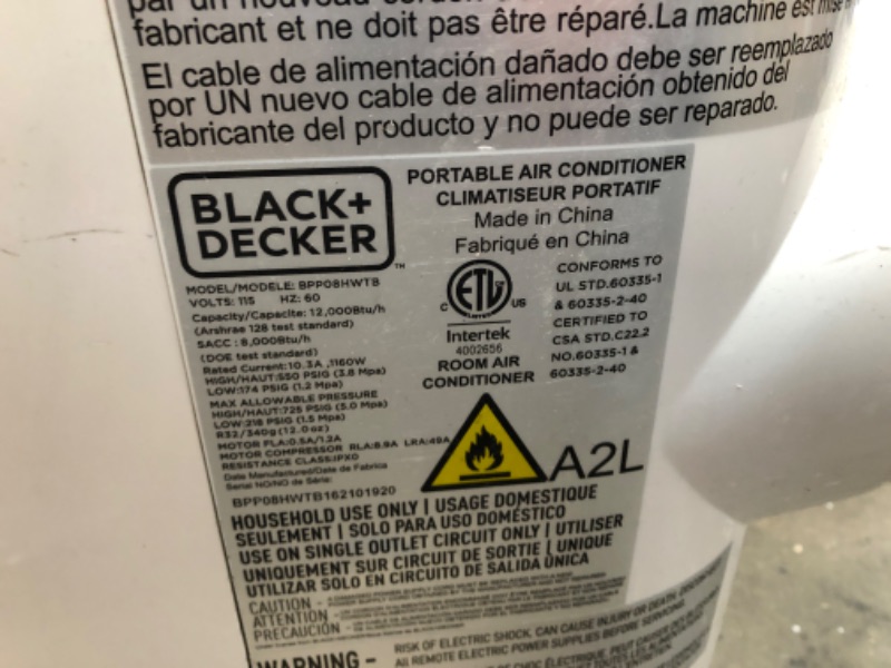 Photo 1 of BLACK+DECKER 8,000 BTU Portable Air Conditioner with Remote Control, White
