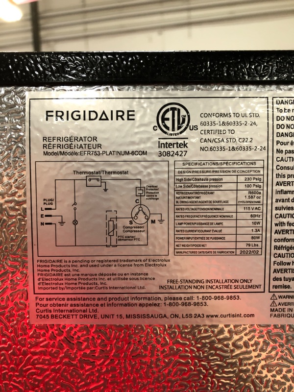 Photo 6 of ***PARTS ONLY*** Frigidaire EFR753-PLATINUM EFR753, 2 Door Apartment Size Refrigerator with Freezer, Retro Chrome Handle, cu ft, Platinum Series, Stainless Steel, 7.5, Silver
