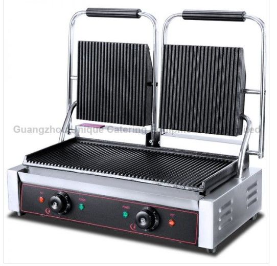 Photo 1 of Happybuy Commercial Sandwich Panini Press Grill, 2X1800W Double Flat Plates Electric Stainless Steel Sandwich Maker, Temperature Control 122°F-572°F Non Stick Surface for Hamburgers Steaks Bacons.
