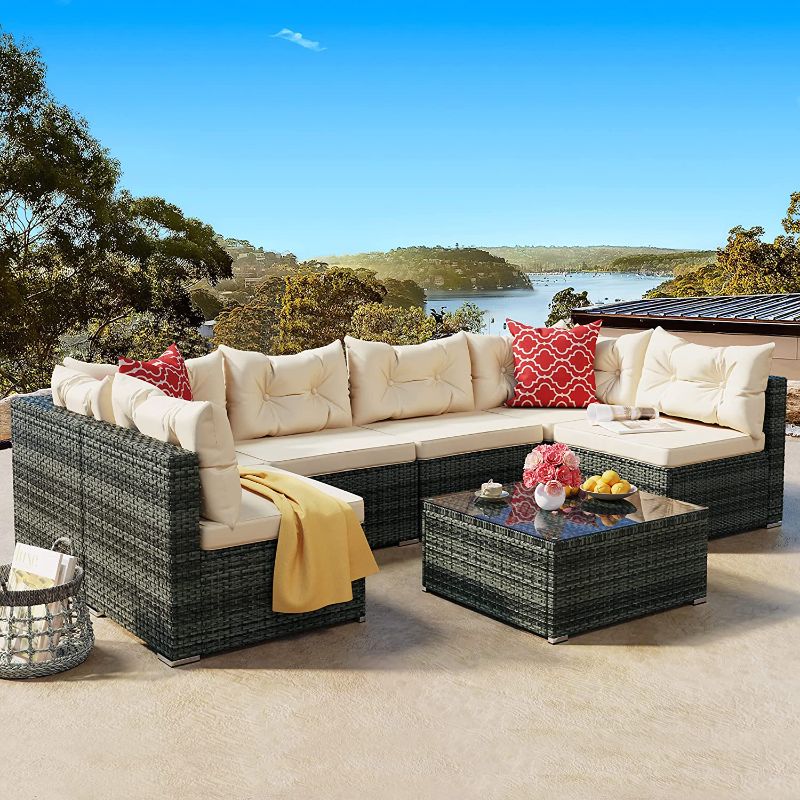 Photo 1 of **INCOMPLETE BOX BOX 4 OF 5 ONLT**YITAHOME 7 Pieces Patio Furniture Set,All-Weather Rattan Patio Conversation Set,Outdoor Sectional Sofa PE Rattan Wicker Outside Couch with Table and Cushions for Porch Lawn Garden Backyard
