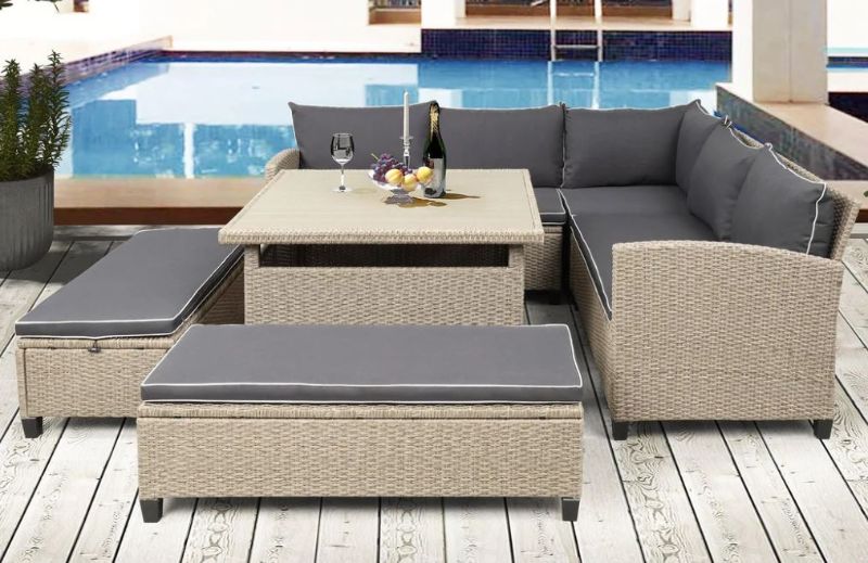 Photo 1 of **INCOMPLETE BOX 2 OF 4 ONLY**6-Piece Patio Furniture Set Outdoor Wicker Rattan Sectional Sofa with Table and Benches
