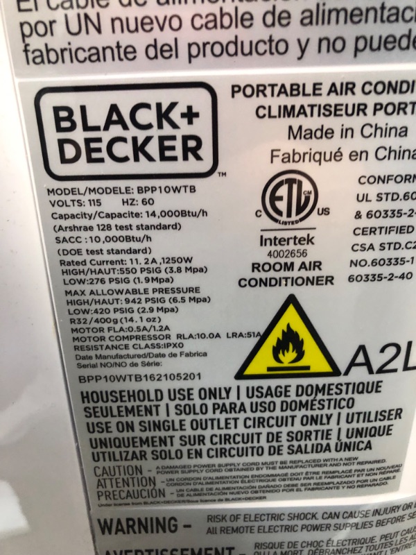 Photo 4 of Black & Decker 10,000 BTU Portable Air Conditioner in White.
