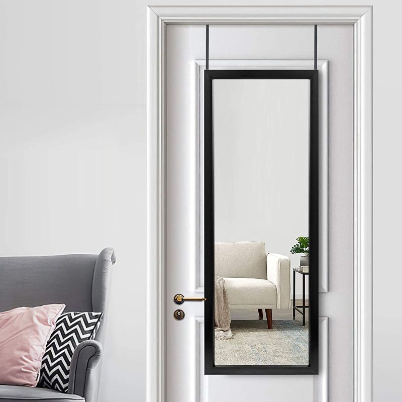 Photo 1 of  Over The Door Mirror Full Length Mirror with Hanging Brackets, Hanging Over Door or Leaning Against Wall or Mounted On Wall, Door Mirror Full Length Mirror Over The Door, 44"x16", Black

