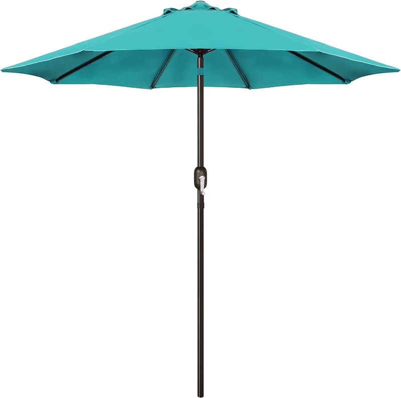 Photo 1 of Blissun 9' Outdoor Aluminum Patio Umbrella, Market Striped Umbrella with Push Button Tilt and Crank (Cerulean). MISSING POST
