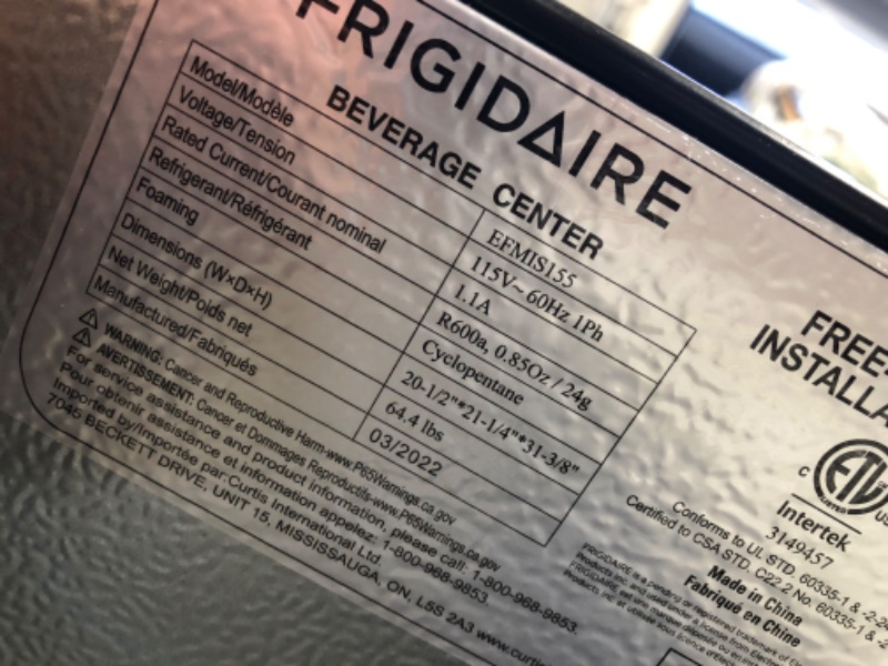 Photo 8 of -FUNCTIONAL BUT IS DAMAGED-READ COMMENTS
FRIGIDAIRE EFMIS155 4.4-Cubic-Foot 126-Can Stainless Steel Door Beverage Center Compact Refrigerator
