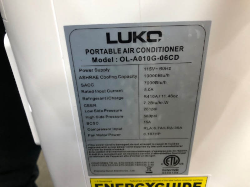 Photo 6 of -MISSING TWO WHEELS- USED-
LUKO PORTABLE AIR CONDITIONER 115V - 60HZ 100000BTU/H