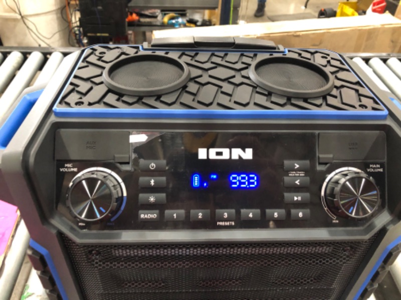 Photo 2 of ION Audio Pickup - 100-watt Water-Resistant Wireless Bluetooth Speaker with 75-Hour Rechargeable Battery, AM/FM Radio and Multi-Color Light Bar
