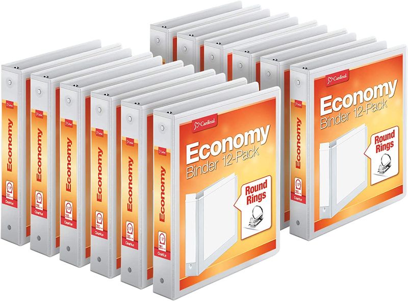 Photo 1 of -minor damage-
Cardinal Economy 3-Ring Binders, 1.5", Round Rings, Holds 350 Sheets, ClearVue Presentation View, Non-Stick, White, Carton of 12 (90631)
