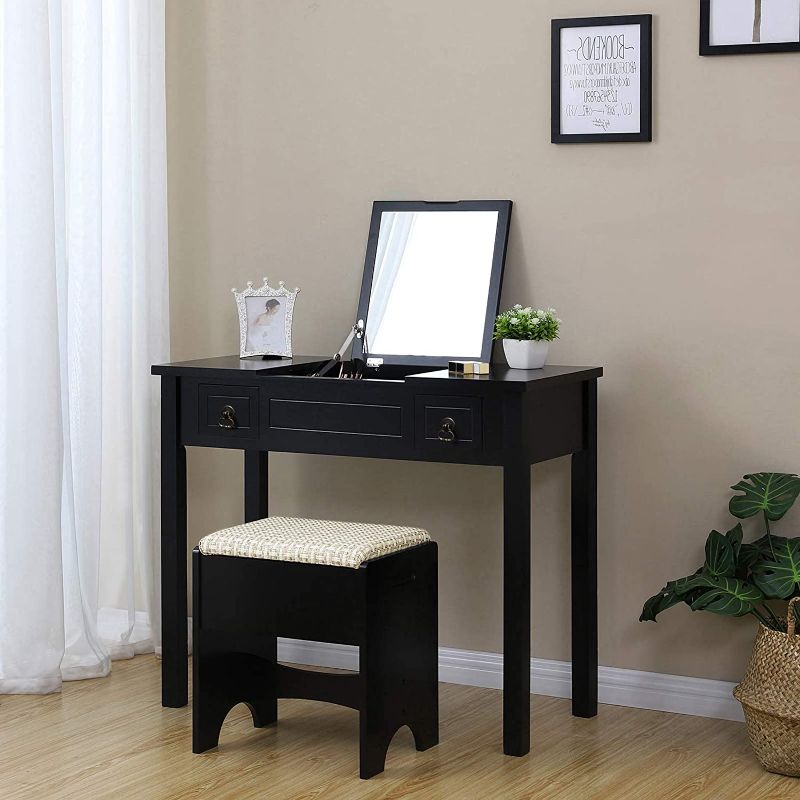 Photo 1 of -USED-
VASAGLE Vanity Set with Flip Top Mirror Makeup Dressing Table Writing Desk with 2 Drawers Cushioned Stool 3 Removable Organizers Easy Assembly, Black
