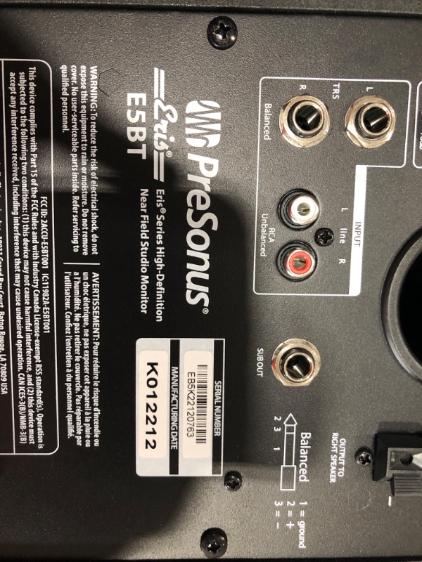 Photo 3 of PreSonus Eris E5 BT-5.25" Near Field Studio Monitors with Bluetooth, 100W Power, Subwoofer Output, Plus Balanced and Unbalanced Inputs
- Missing/loose hardware // Minor cosmetic damaged 
