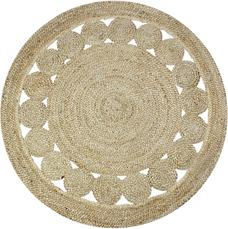 Photo 1 of *STOCK PHOTO FOR REFERENCE* Frelish Decor Handwoven Jute Area Rug- 4 feet Round Natural Yarn- Rustic Vintage Beige Braided Reversible Rug- Eco Friendly Rugs for Bedroom, Kitchen, Living Room, Farmhouse- Rings Design (4' Round)
