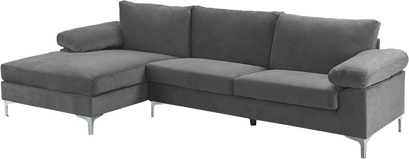 Photo 1 of **MISING BOX 1 out of 2 and Missing Legs* *INCOMPLETE Box 2/2* Casa Andrea Milano LLC Modern Large Velvet Fabric Sectional Sofa, L-Shape Couch with Extra Wide Chaise  Lounge, Silver
