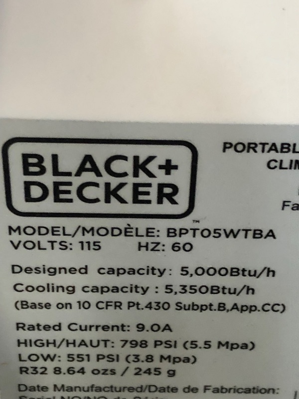 Photo 5 of PARTS ONLY COMPRESSOR DOES NOT COME ON 
BLACK+DECKER 8,500 BTU Portable Air Conditioner with Remote Control, White
