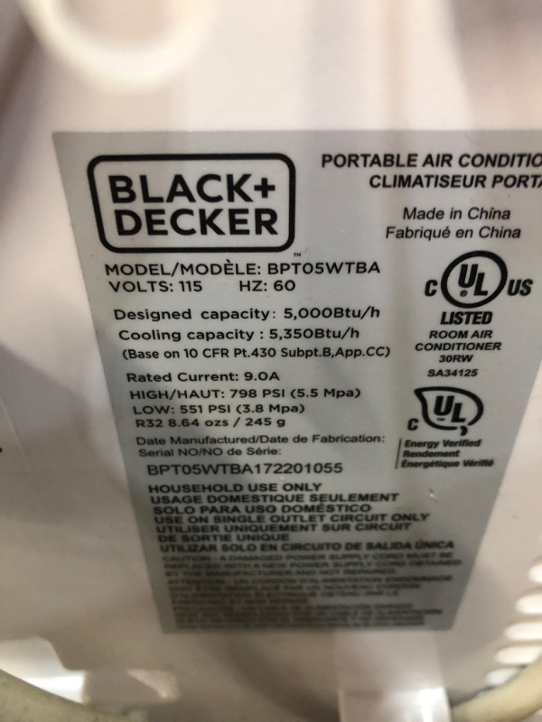 Photo 6 of PARTS ONLY COMPRESSOR DOES NOT COME ON 
BLACK+DECKER 8,500 BTU Portable Air Conditioner with Remote Control, White
