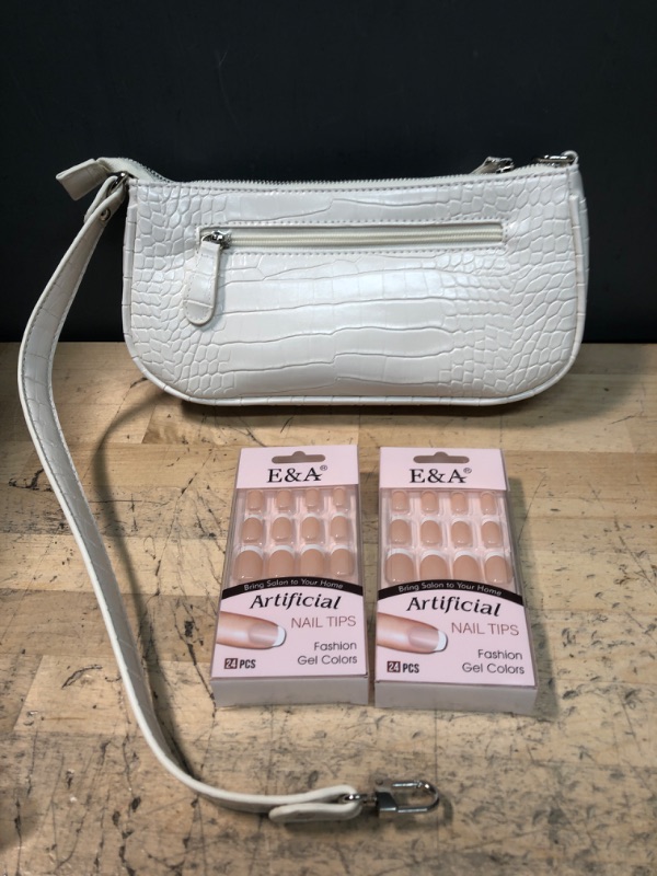 Photo 3 of 2 ITEMS: E&A 2 Pack 48Pcs French Press On Nails For Woman Medium Length Full Cover French Tip Press On Nails Short Acrylic Fake False Nail Tips 12 Sizes (2 packs, 5) 48 Piece Assortment 2-5; AND, Shoulder Bags for Women, Retro Classic Tote HandBag Crocodi