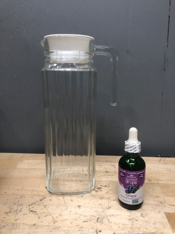 Photo 3 of 2 ITEMS - Quadro Jug 37 oz. with White Lid (Set of 1); AND, Clear Liquid Stevia Grape - SweetLeaf - 2 oz - Liquid