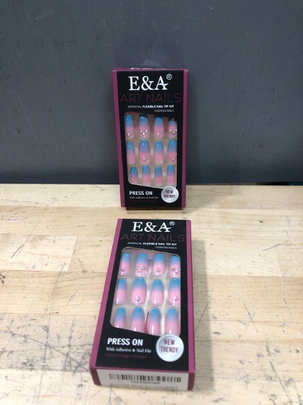 Photo 2 of 2 SETS - E&A Press On Nails - Blue Pink Gradient Rhinestones| UV Finish Short Pointed Almond Shape, Reusable Pastel False Nails, Acrylic Fake Nail Tips Press On Manicure Kit - 28PCS 28 Piece Assortment 54-7