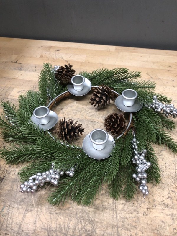 Photo 2 of [Safety Fire Retardant] Christmas Silver Advent Wreath Decoration, Realistic Spruce Christmas Centerpiece with 4 Candle Holder Pinecone 6 Berry Advent Decor for Table Holiday Home Church (No Candles) Sliver
