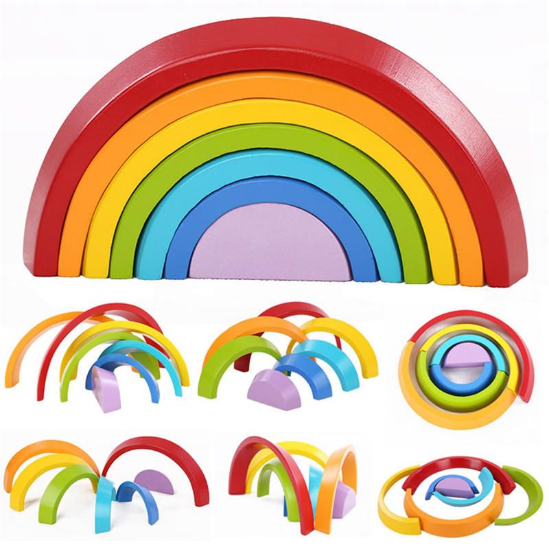 Photo 1 of 7 Colors Wooden Stacking Rainbow Shape Children Kids Educational Play Toy Set
