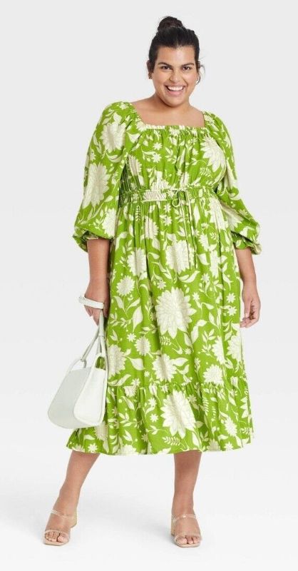 Photo 1 of Ava & Viv 3X Woman’s Plus Green & White Floral Print Dress Gathered Neck NWT
