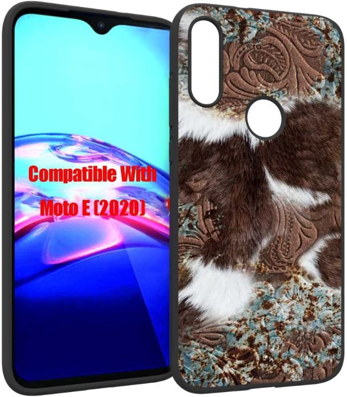 Photo 1 of Compatible with Moto E 2020 Case,Cowhide Brown Leather Turquoise Cowboy Western Unique Design for Moto Case Men Women,Soft Silicone Shockproof Cool Case for Moto