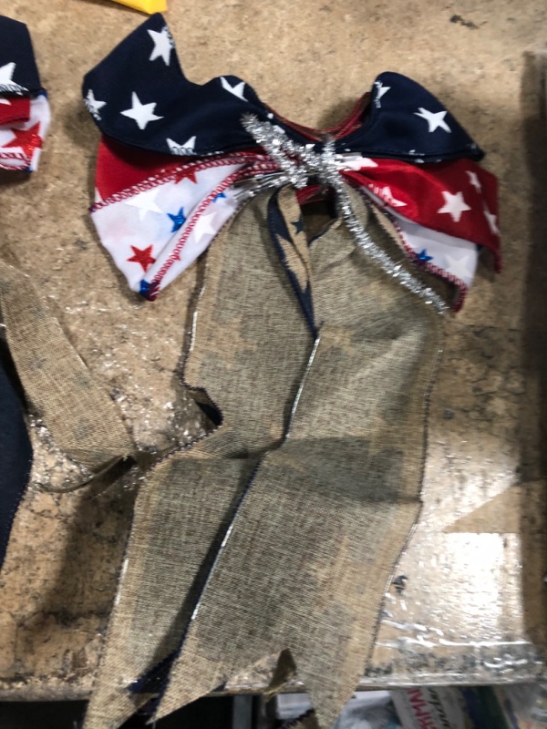 Photo 2 of 2Pcs Patriotic Wreath Bow, Stars and Stripes Burlap Bows,4th of July Memorial Day Wreath Bow for Indoor Outdoor Independence Day Veteran's Day President's Day (Red Stripe)