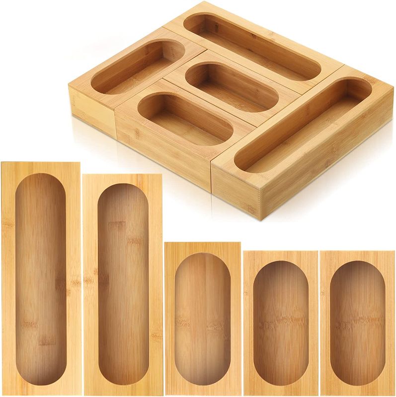 Photo 1 of 2 Sets of Bag Storage Organizer for Kitchen Drawer, Bamboo Food Storage Bag Holder Box Baggie Organizer Dispenser for Gallon Quart Sandwich Snack Variety Size Bag, 5 Pieces per Set
