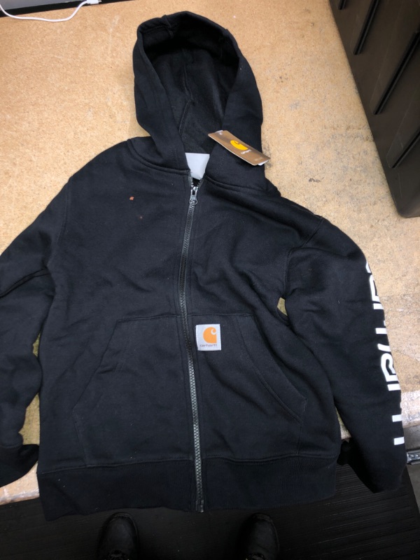 Photo 2 of Carhartt Boy's Hooded Full Zip Sleeve Logo Sweatshirt | Caviar Black | S Jt