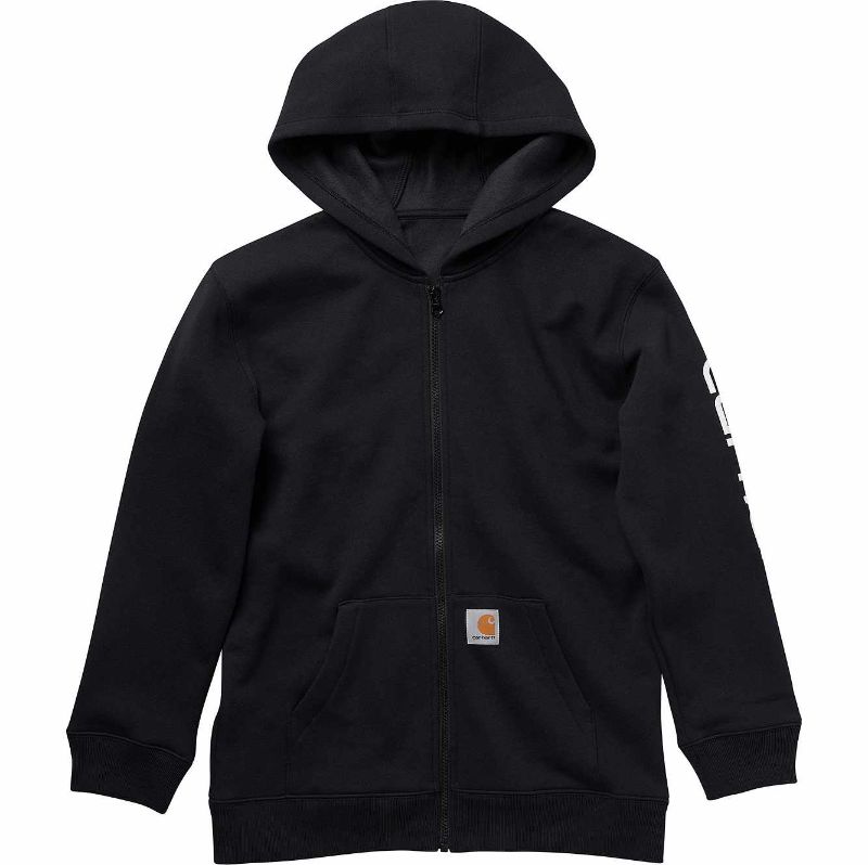 Photo 1 of Carhartt Boy's Hooded Full Zip Sleeve Logo Sweatshirt | Caviar Black | S Jt