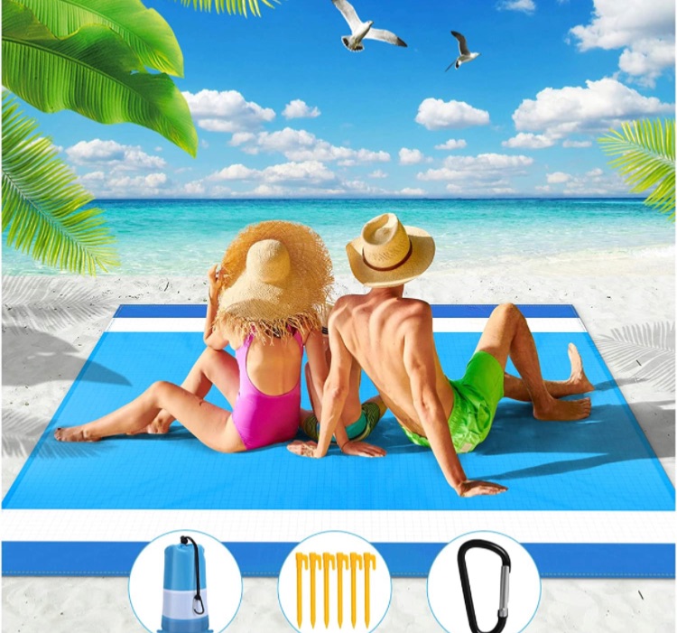 Photo 1 of 2022 New Upgraded Beach Blanket Waterproof Sandproof, Oversized Beach Mat for 4-7 Adults with 6 Stakes, Lightweight & Quick Drying Beach Blanket for Travel, Camping, Hiking, Picnic