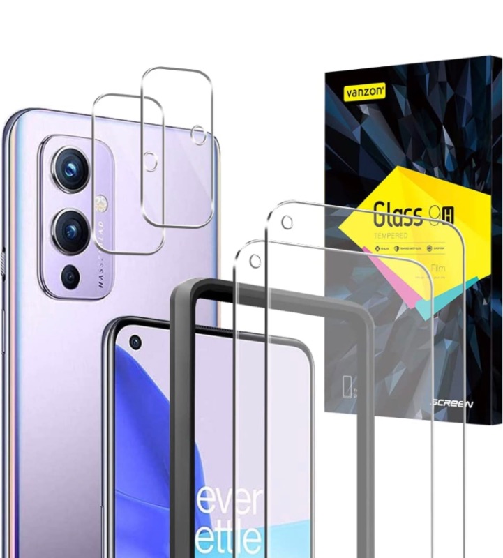 Photo 1 of 2+2 Pcs] Vanzon OnePlus 9 Screen Protector, 6.55 inch 2 Pack Tempered Glass Screen Protector and 2 Pack Camera Lens Protector, 9H Hardness - HD, Bubble-Free - Scratch Resistant