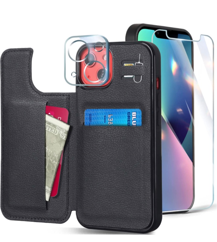 Photo 1 of CoBak Compatible with iPhone 13 Wallet Case with Screen Protector, PU Leather Kickstand Card Slots Case, Double Magnetic Clasp Durable Shockproof Cover 6.1 Inch,Black 2 pack