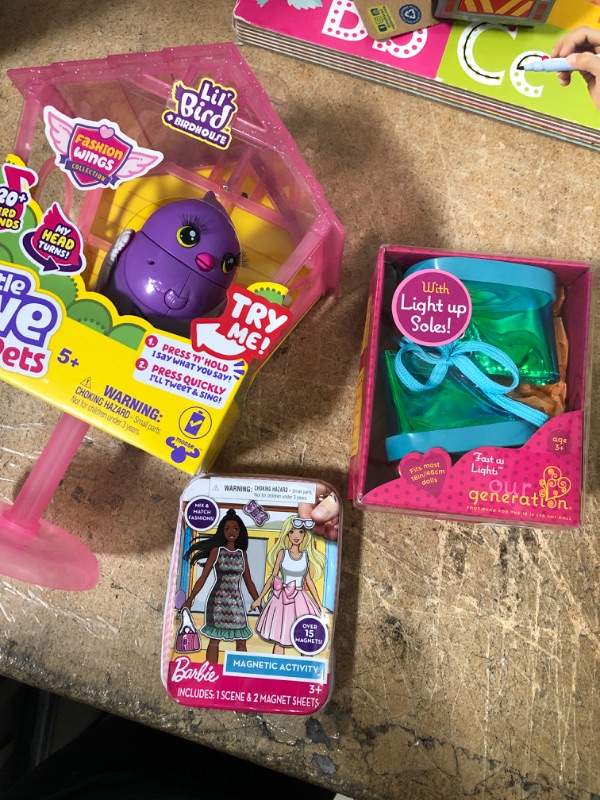 Photo 4 of BUNDLE OF (3 ITEMS) Barbie Mix & Match Fashions 15 Magnets in a 4”x3” Tin Unopened & Our Generation Fast as Lights Light-up Shoes Accessory Set for 18" Dolls & Little Live Pets - Lil Bird & Bird House: Pretty Posh

