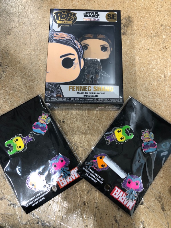 Photo 3 of BUNDLE OF (3 ITEMS)  Funko POP! Marvel: 4pk Enamel Pin Set, Grey/Silver
& Funko Pop! Pin: Star Wars Mandalorian FENNEC SHAND SE SG
