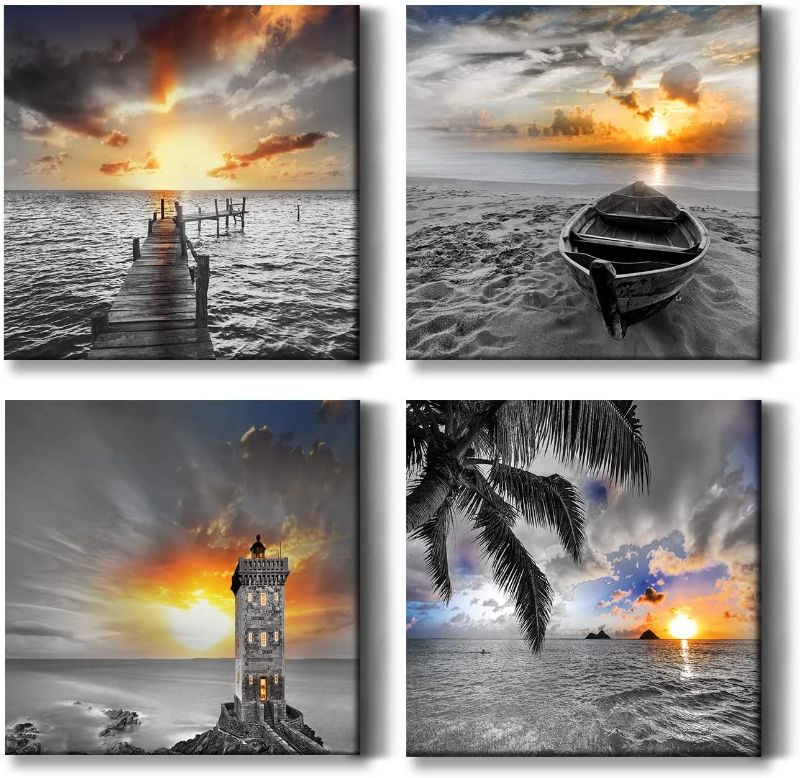 Photo 1 of **TEAR ON SIDE OF ONE FRAME**
TTUUKL 4 Pieces Seascape Wall Art Beach Sunset Picture Wall Decor Framed Canvas Art Wall Decor for Bathroom Bedroom Dining Room Kitchen Living Room Home Decorations Wall Paintings 12x12 Inch
