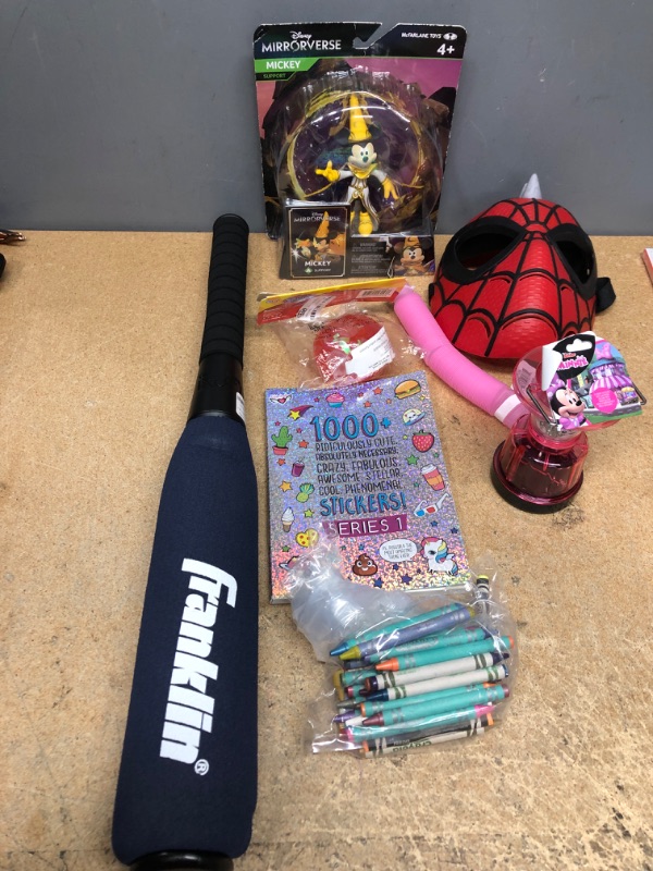 Photo 1 of ASSORTED NEW/USED, BOY/GIRL TOYS
FOAM BAT, LANTERN ,MICKEY FIGURINE, SPIDER MAN MASK, BOOK CRAYONS, AND BALL