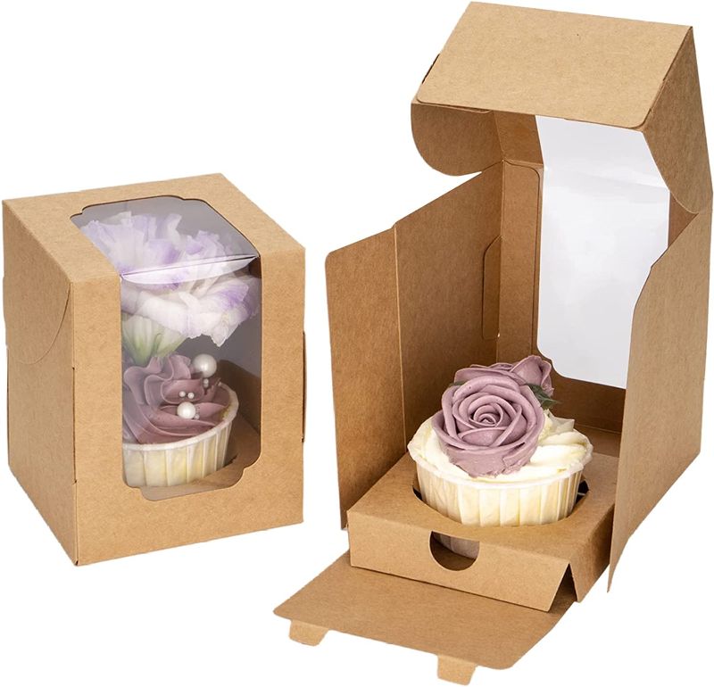 Photo 1 of WholeMy Cupcake Boxes, Tall Individual Cupcake Containers, Cupcake Carrier for Standard Jumbo Cupcakes or Muffin, 12pcs 3.7x3.7x4.8in-Brown
