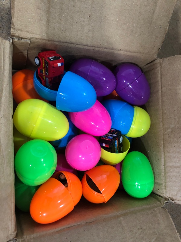 Photo 2 of 24 Filled Easter Eggs Filled with Toy Cars - Large 2 3/4 Inch Plastic Egg for Easter Basket Stuffers, Kids Birthday Party Favors, Goodie Bags, Pinata Surprise, Mini Gifts - by BisBi Toys
