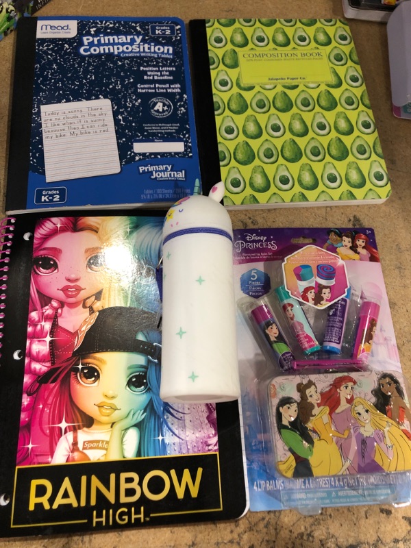 Photo 2 of Bundle of 5- Disney Princess Swirl Balm with Tin 4pk, 2 composition notebooks, 1 rainbow high spiral notebook, small yobi water bottle cover