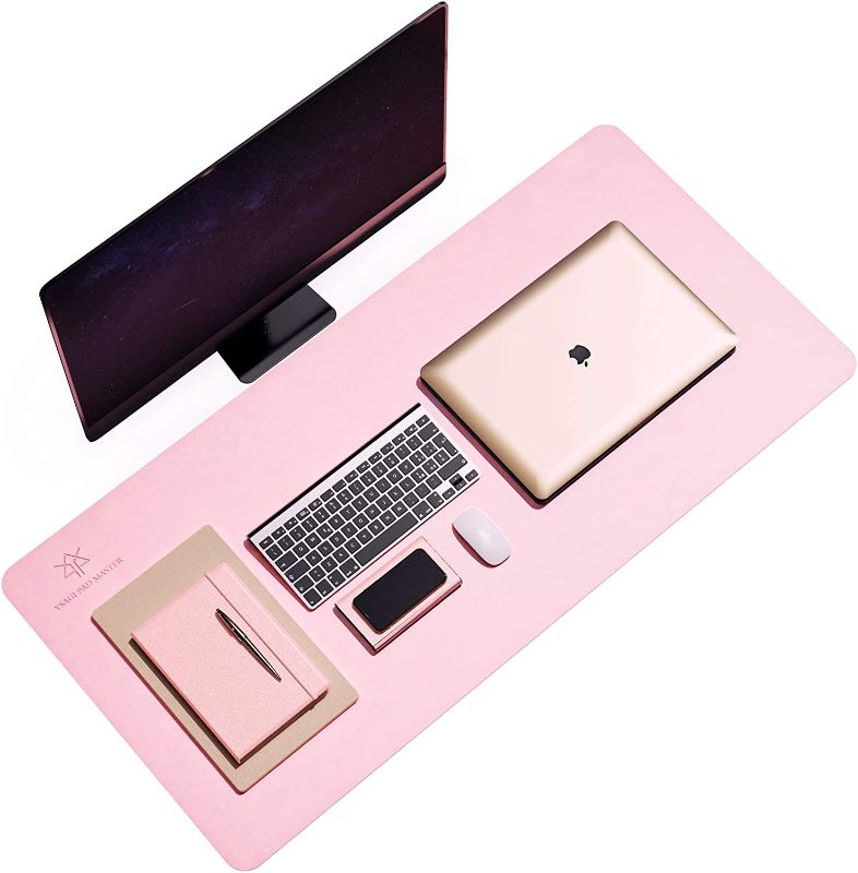 Photo 1 of Leather Desk Pad, Non-Slip Office Desk Pad Protector, Easy Clean Waterproof Desk Blotter, Non-Sticky Laptop Desk Writing Mat Mouse Pad (Pink, 35.4" x 17")
