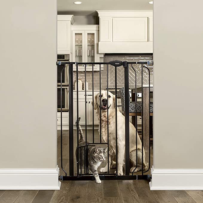 Photo 1 of Carlson Extra Tall Walk Through Pet Gate with Small Pet Door, Includes 4-Inch Extension Kit, 4 Pack Pressure Mount Kit and 4 Pack Wall Mount Kit, Black
