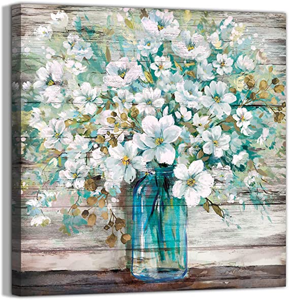 Photo 1 of 3LDECOR Country Style Canvas Wall Art Teal Blue Mason Bottle White Flower Rustic Wall Decor Art Hanging in The Bedroom Bathroom Living Room Dining Room Office Fireplace Kitchen Murals Decor, 20x20
